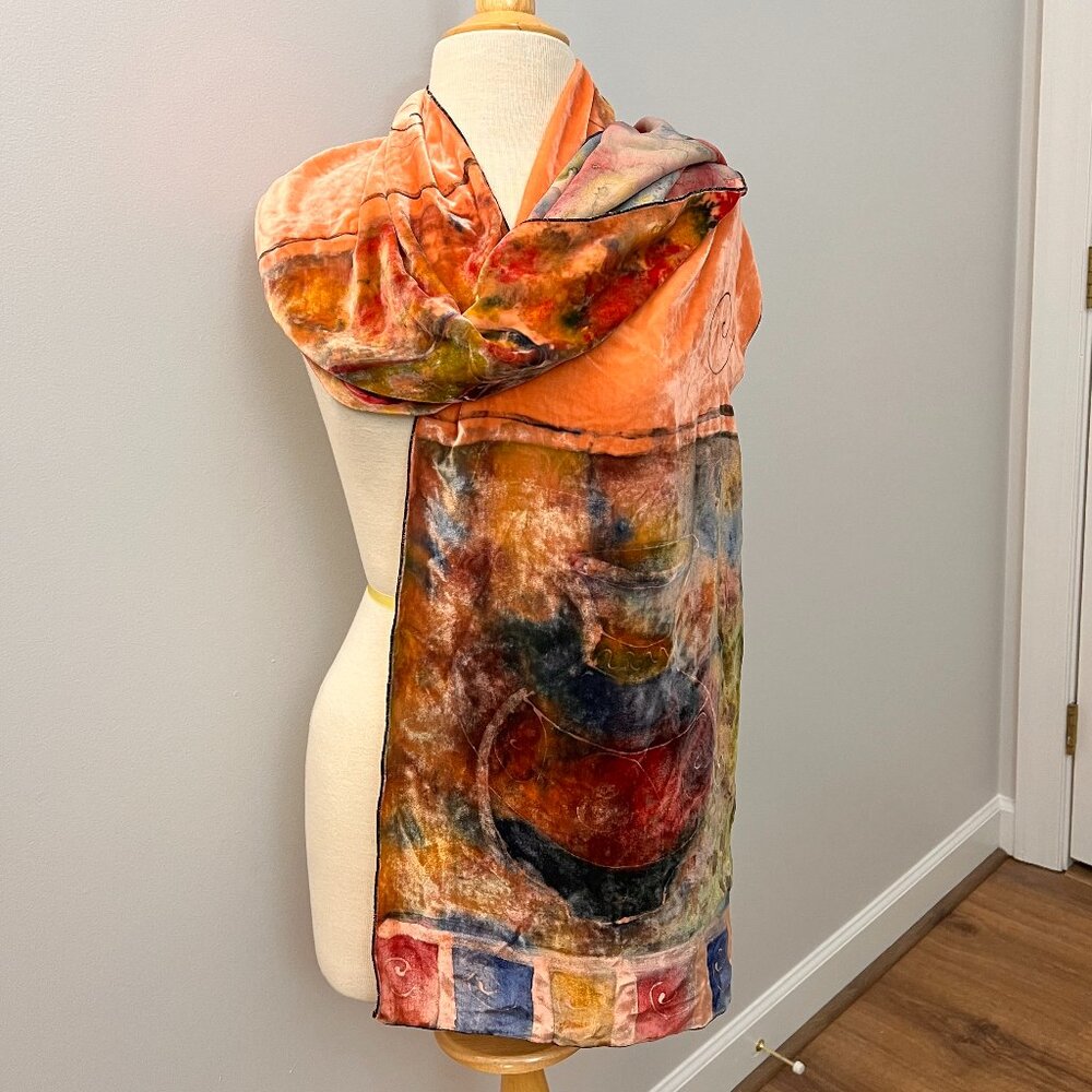 Hand Dyed Artisan Salmon Velour Painted Scarf
